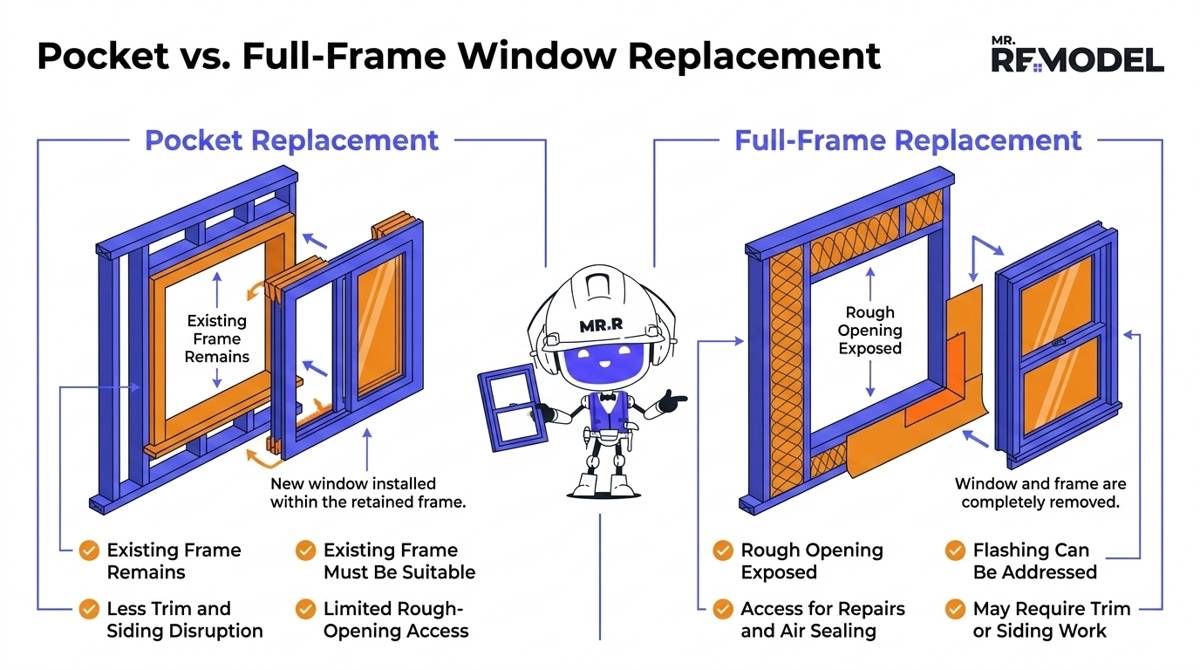 Pocket replacement retains the existing frame, while full-frame replacement exposes the rough opening for additional exterior work.